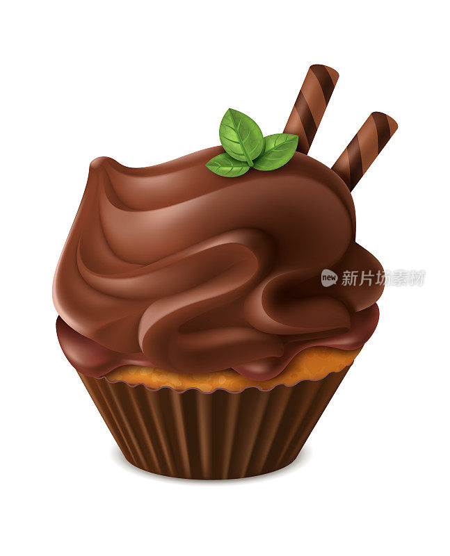 Realistic chocolate cupcake. Cute sweet homemade dessert, cocoa muffin with cream, sweet sugar brown cake for cafe menu, single 3d vector isolated confectionery element on white background